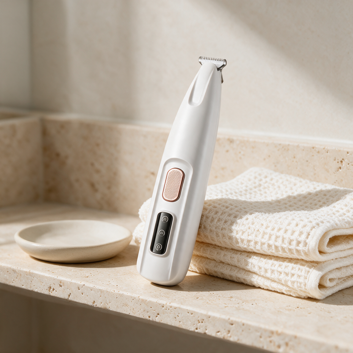 The Pawdicure trimmer standing on a travertine bathroom shelf beside folded towels
