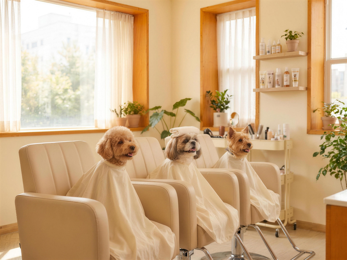 Three small dogs sitting in a row in salon chairs wearing cream capes at a bright pet grooming salon