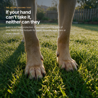 A dog's front paws standing on dewy grass in low golden morning sunlight