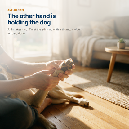 Two hands gently turning a dog's front paw over to look at the pads