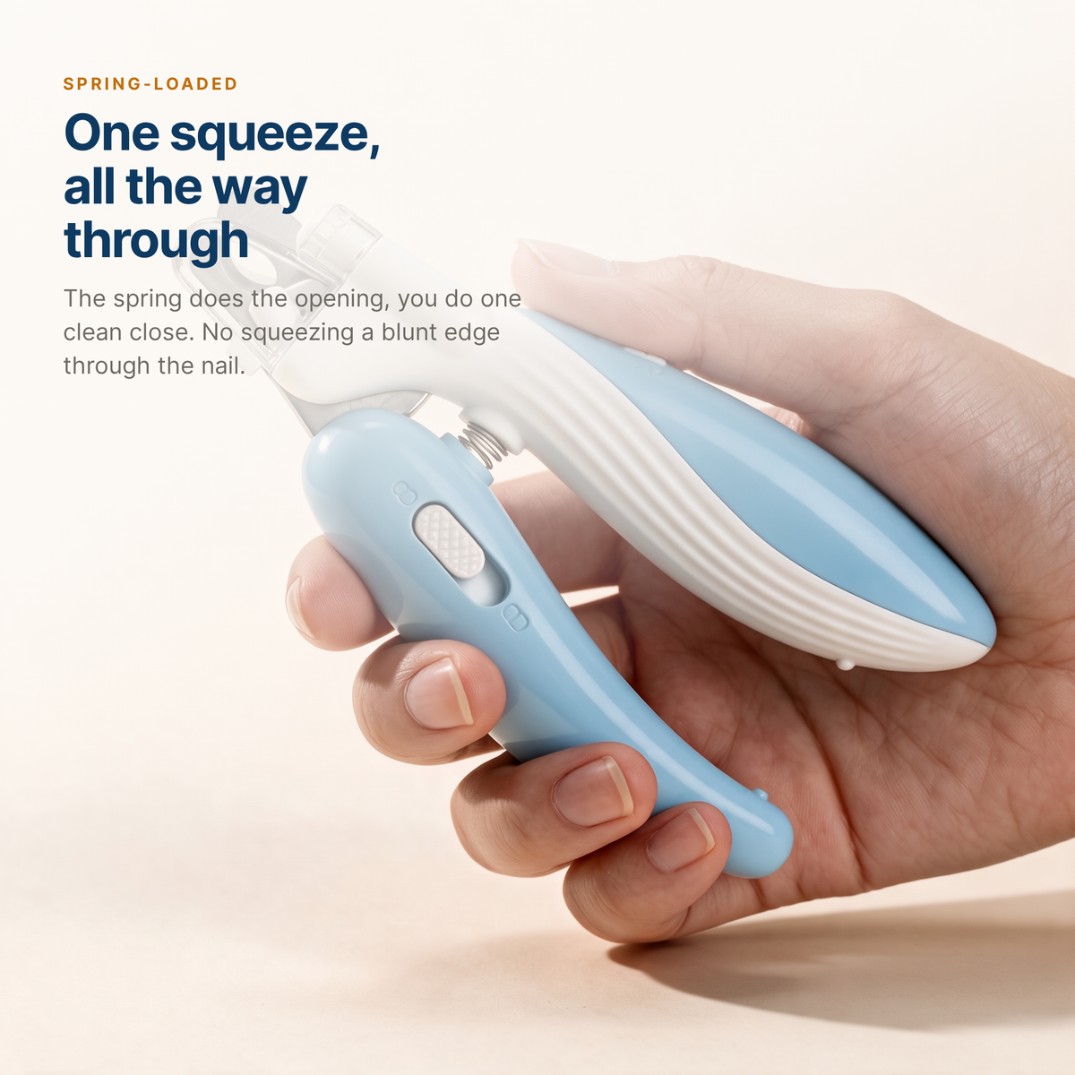 The spring-loaded clippers held in a natural squeeze grip