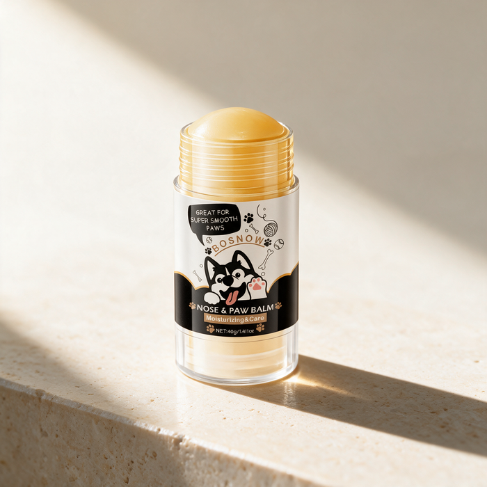 Toe Bean Balm twist-up paw balm stick standing on a pale stone ledge in warm morning light