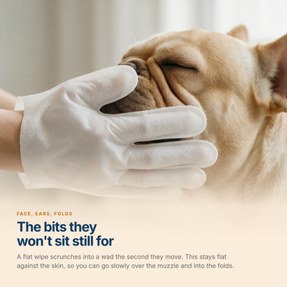 A Mitt Wipe glove being drawn gently over a French bulldog's muzzle and cheek folds