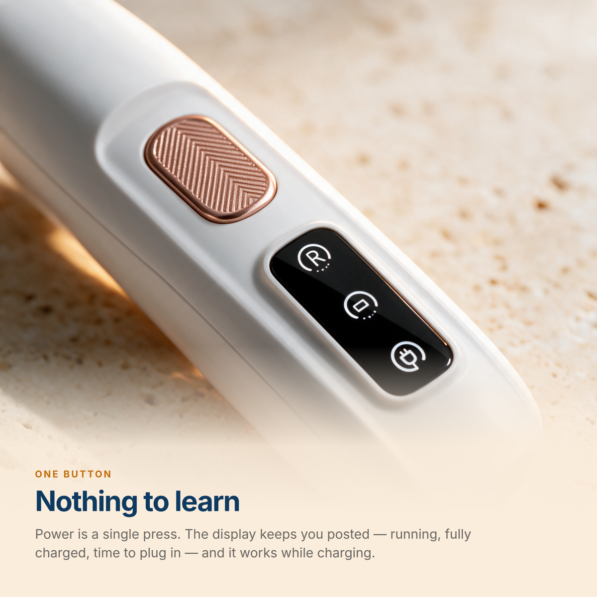 The one-button control and LED status display - running, fully charged, time to plug in