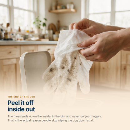 A used Mitt Wipe being peeled off inside out over a bin, with the dirt trapped on the inside