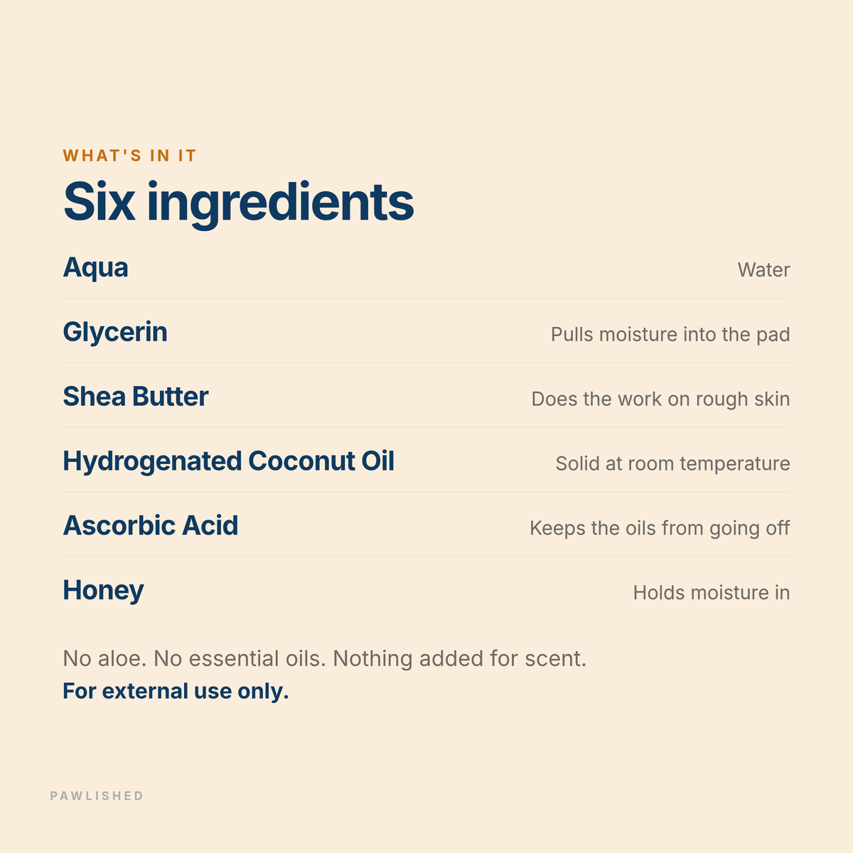 Ingredient list: water, glycerin, shea butter, hydrogenated coconut oil, ascorbic acid and honey. For external use only