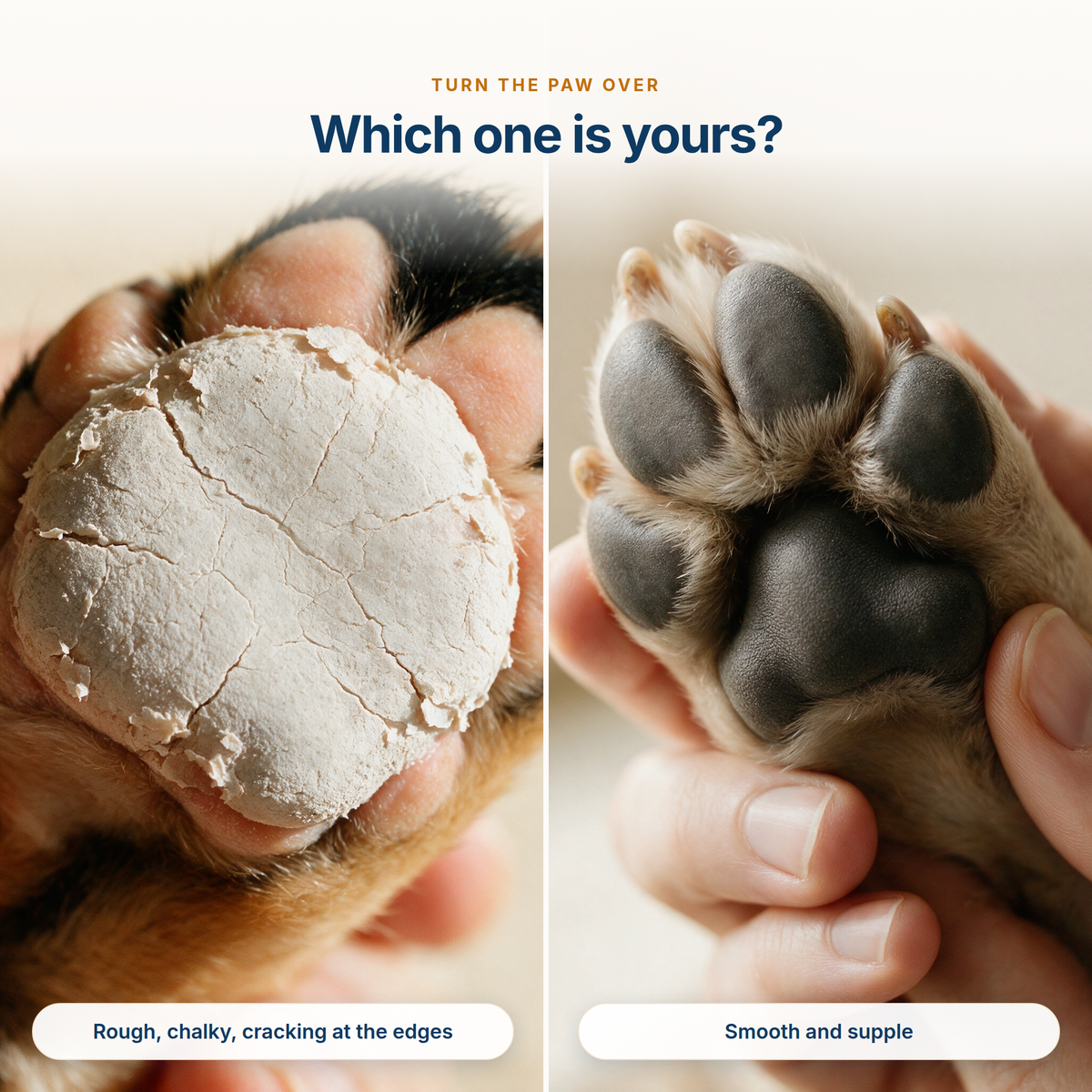 Two paw pads side by side — one dry, chalky and cracking at the edges, one smooth and supple