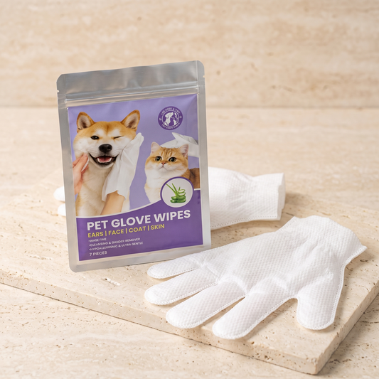 Pawlished Mitt Wipes pack of seven pet glove wipes on warm travertine, with one glove laid open beside it