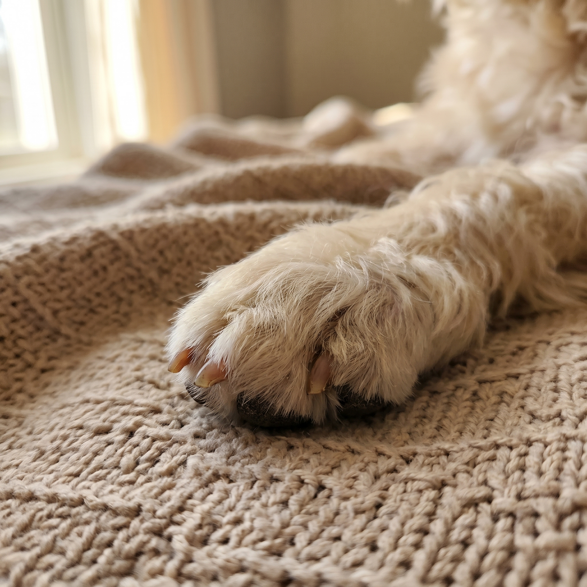 Close-up of the same dog's paw with the fur neatly trimmed and the paw pads visible, after trimming