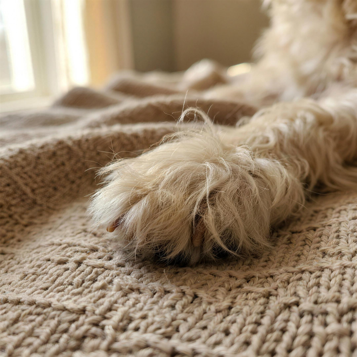 Close-up of a dog's paw with long overgrown fur hiding the paw pads, before trimming