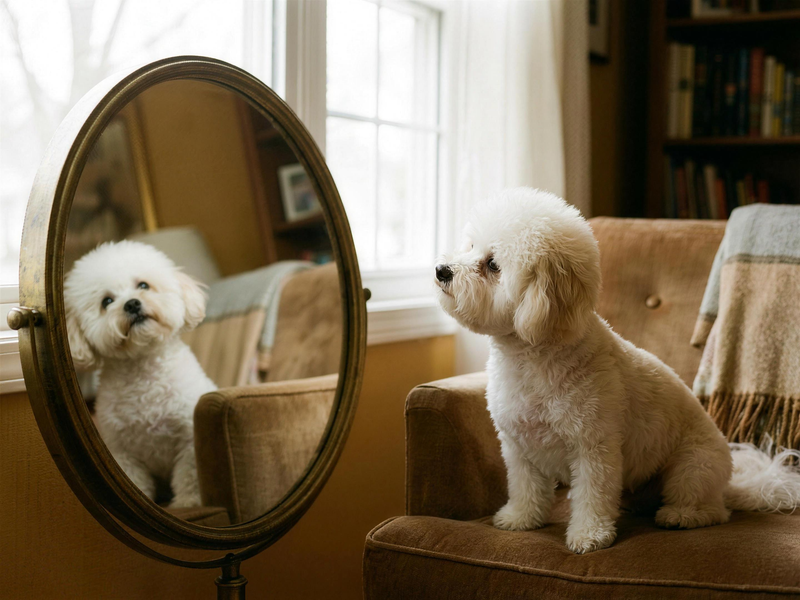 Well-groomed dog admiring itself in a mirror