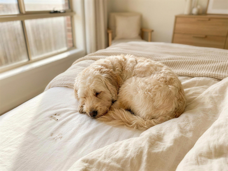A fluffy dog asleep on a cream bed with faint muddy paw prints on the white bedding