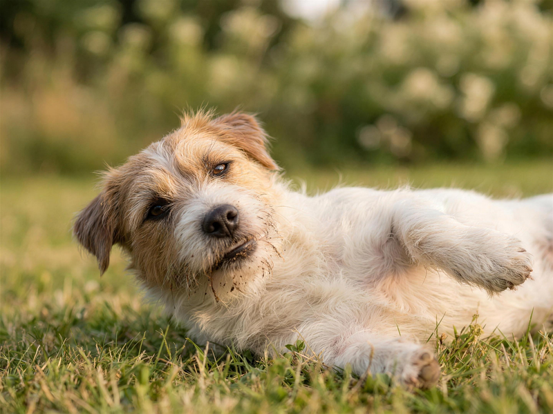 A small dog lying on grass looking pleased with itself with a dirt-smudged muzzle