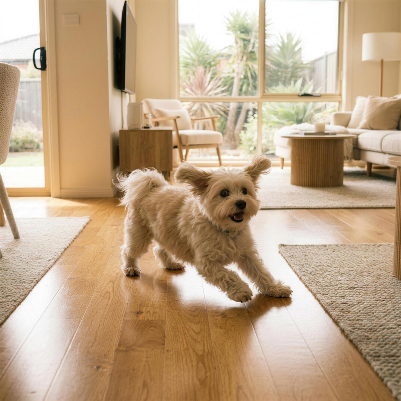 A fluffy dog sliding on polished floorboards, front legs splayed, losing traction